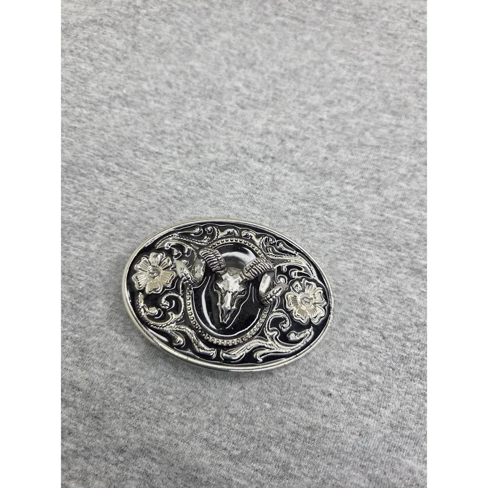 Vintage Bighorn Ram Skull Black Enamel 3D Belt Buckle Hunting Western Wildlife